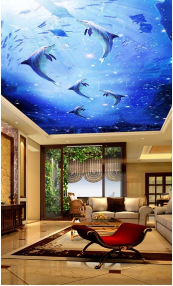 3D Blue Fish CC345 Ceiling Wallpaper Removable Self Adhesive | Etsy