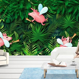 3D Cartoon Pig And Leaves N283 Removable Wallpaper Self Adhesive Wallpaper Extra Large Peel & Stick Wallpaper Wallpaper Mural AJ WALLPAPERS