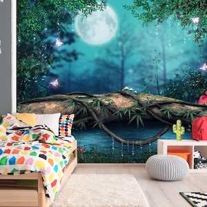 3D Wald mit Mond L54 abnehmbare Tapete selbst klebende Tapete Extra große Peel & Stick Wallpaper Wallpaper Wandbild AJ WALLPAPERS