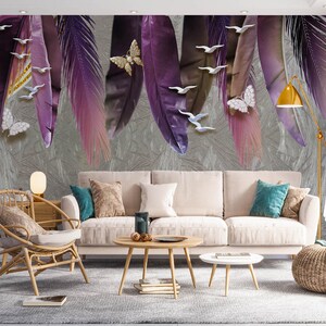 3D Purple Feathers L2634 Papel pintado removible Papel pintado autoadhesivo Extra grande Peel & Stick Wallpaper Mural AJ WALLPAPERS