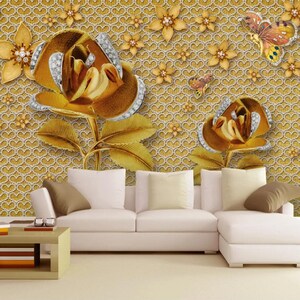 3D gele bloemen N136 verwisselbare wallpaper zelf klevende wallpaper extra grote Peel & stick Wallpaper Wallpaper muurschildering AJ WALLPAPERS