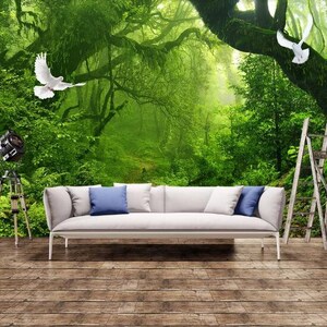 3D grüner Baum mit Vogel N187 abnehmbare Tapete selbst klebende Tapete Extra große Peel & Stick Wallpaper Wallpaper Wandbild AJ WALLPAPERS