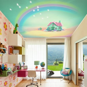 3D roze en groene huizen CA3478 plafondbehang verwijderbare zelfklevende behang grote peel & stick behang muurschildering