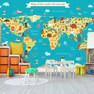 Mapa 3D Com Animais L984 Papel de Parede Removível Papel de Parede Autoadesivo Extra Grande Peel & Stick Papel de Parede Mural AJ PAPÉIS DE PAREDE