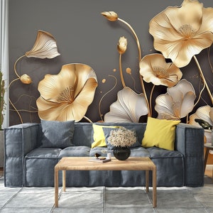 3D Flores Doradas L1769 Papel Pintado Removible Papel Pintado Autoadhesivo Papel Pintado Extra Grande Peel & Stick Papel Pintado Mural AJ WALLPAPERS