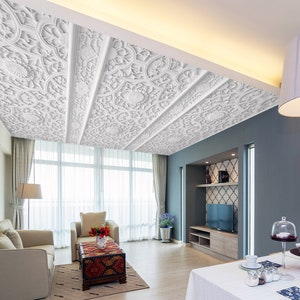 3D Complex Wit Houtsnijwerk CA3786 Plafond Behang Verwijderbare Zelfklevende Behang Grote Peel & Stick Behang Muurschildering