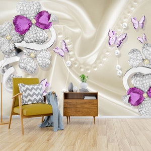 3D Paarse Diamant Bloemen R1356 Verwijderbaar Behang Zelfklevend Behang Extra Grote Peel &Stick Wallpaper Wallpaper Mural AJ WALLPAPERS