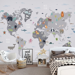3D Animais E Mapa Cinza L999 Papel de Parede Removível Papel de Parede Autoadesivo Extra Grande Peel & Stick Papel de Parede Mural AJ PAPÉIS DE PAREDE
