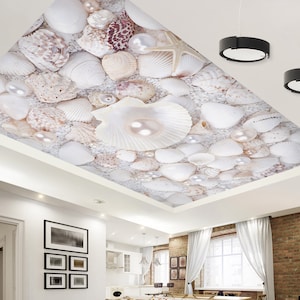 May include: A ceiling design featuring a collection of seashells, pearls, and a starfish. The shells vary in size and color, with shades of white, beige, and brown. The pearls are scattered among the shells, creating a beach-themed aesthetic.