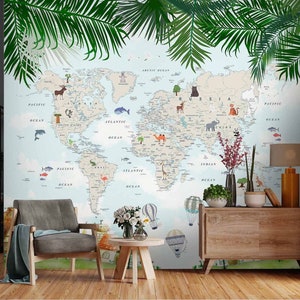 3D Mapa Do Mundo Animais L2430 Papel De Parede Removível Papel De Parede Autoadesivo Extra Grande Peel & Stick Papel De Parede Mural AJ PAPÉIS DE PAREDE