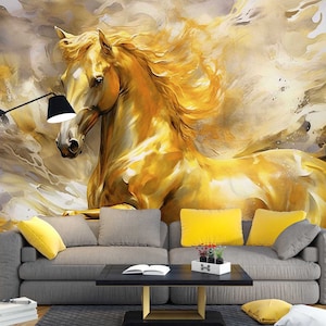 3D Animal Cavalo Dourado L3093 Papel de Parede Removível Papel de Parede Autoadesivo Extra Grande Peel & Stick Papel de Parede Mural AJ PAPÉIS DE PAREDE