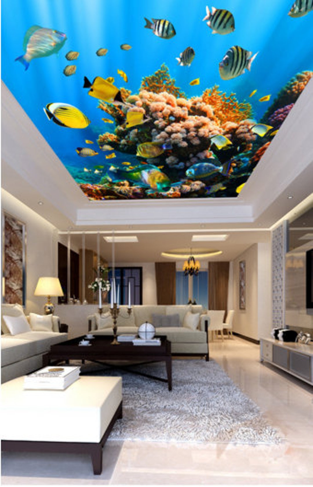 3D Blue Fish CC297 Ceiling Wallpaper Removable Self Adhesive Wallpaper