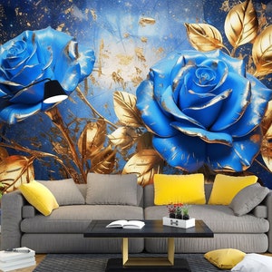 3D Duas Rosas Azuis L1782 Papel de Parede Removível Papel de Parede Autoadesivo Extra Grande Peel & Stick Papel de Parede Mural AJ PAPÉIS DE PAREDE
