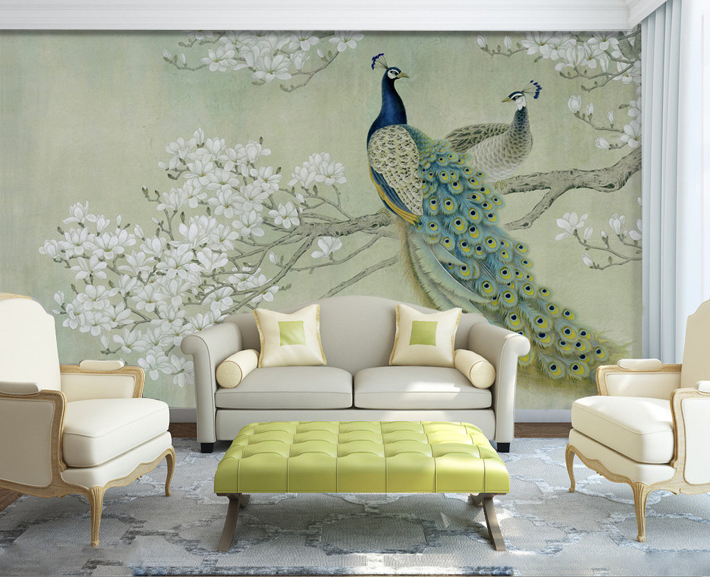 3D Peacock With Flowers L233 Removable Wallpaper Self Adhesive