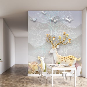 3D Naïef Cute Deer R1537 Verwijderbaar Behang Zelfklevend Behang Extra Grote Peel &Stick Wallpaper Wallpaper Mural AJ WALLPAPERS