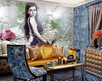 May include: A living room interior with a gold and blue patterned rug, a gold and brown patterned sofa, a blue patterned armchair, a gold coffee table, and a gold and brown patterned chest of drawers. The wall behind the sofa is decorated with a mural of a woman holding a bow and arrow.