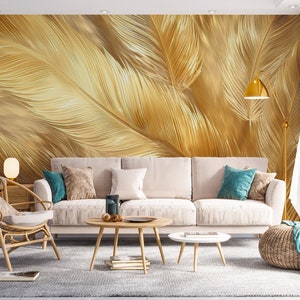3D Golden Feathers L1785 Papel pintado removible Papel pintado autoadhesivo Extra grande Peel & Stick Wallpaper Mural AJ WALLPAPERS