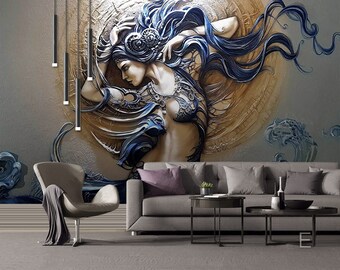 May include: A gray couch with a purple throw pillow and two round coffee tables. The wall behind the couch features a large, abstract painting of a woman with blue hair and a gold background.