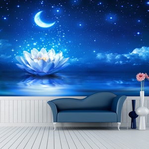 3D Moon Night Water Lily R4417 Fondo de pantalla extraíble Fondo de pantalla autoadhesivo Papel tapiz extra grande Peel & Stick Wallpaper Wallpaper Mural AJ WALLPAPERS