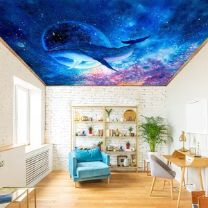 3D Universum und Delfine CA2718 Deckentapete abnehmbare selbstklebende Tapete große Peel & Stick Tapete Tapete Wandbild