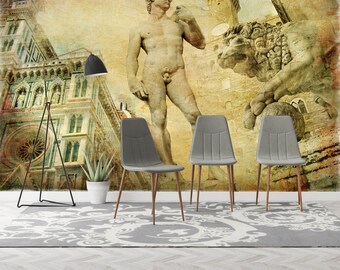 May include: Three gray chairs with wooden legs are arranged in front of a wall mural depicting a vintage-style scene of a statue of David, a lion statue, and a building with a dome.