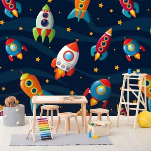 3D Cartoon Rockets L057 Verwijderbare Wallpaper Zelfklevend Behang Extra Grote Peel & Stick Wallpaper Muurschildering AJ WALLPAPERS
