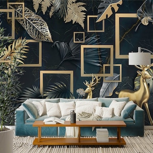 3D Golden Deer Statue L2593 Papel de parede removível Papel de parede autoadesivo Extra grande Peel & Stick Papel de parede Mural AJ PAPÉIS DE PAREDE