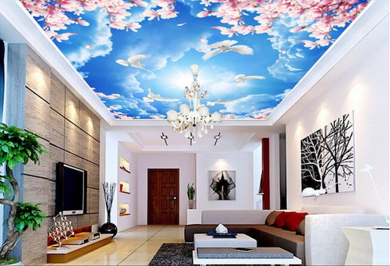3d Pink Flower And Bird Ca446 Ceiling Wallpaper Removable Self Etsy