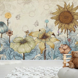 3D Cartoon Sonnenblumen L13 abnehmbare Tapete selbstklebende Tapete Extra große Peel & Stick Wallpaper Wallpaper Wandbild AJ WALLPAPERS