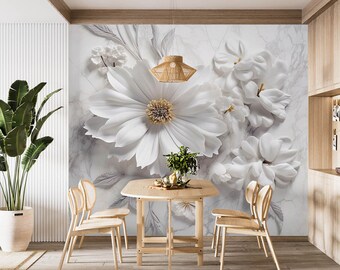 3D Carved White Flowers L2459 Removable Wallpaper Self Adhesive Wallpaper Extra Large Peel & Stick Wallpaper Wallpaper Mural AJ WALLPAPERS