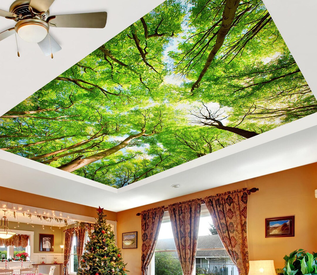 3D Light Green Forest CA3538 Ceiling Wallpaper Removable Self Adhesive ...