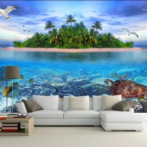 3D Oceano Con Isola N88 Sfondo Rimovibile Auto Adesivo Extra Grande Buccia & Bastone Sfondo Mural AJ WALLPAPERS