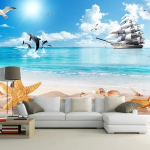 Playa 3D y barco N89 extraíble fondo de pantalla autoadhesivo papel pintado extra grande Peel & Stick Wallpaper Mural AJ WALLPAPERS