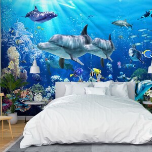 3D Animal Blue Fish L1960 Papel pintado removible Papel pintado autoadhesivo Extra grande Peel & Stick Wallpaper Mural AJ WALLPAPERS