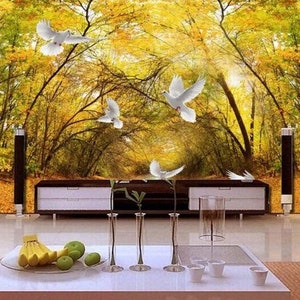 3D gele bomen n52 verwisselbare wallpaper zelf klevende wallpaper extra grote Peel & stick Wallpaper Wallpaper muurschildering AJ WALLPAPERS