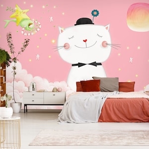 3D Animal White Cat L1494 Papel pintado removible Papel pintado autoadhesivo Extra grande Peel & Stick Wallpaper Mural AJ WALLPAPERS