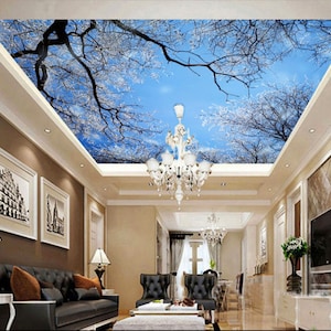 3D Tree Flowers And Sky CA137 Ceiling Wallpaper Removable Self Adhesive Wallpaper Large Peel & Stick Wallpaper Wallpaper Mural AJ WALLPAPERS