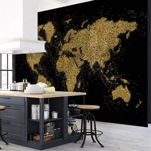 3D Golden World Map L997 Papel pintado extraíble Papel tapiz autoadhesivo Extra grande Peel & Stick Wallpaper Wallpaper Mural AJ WALLPAPERS