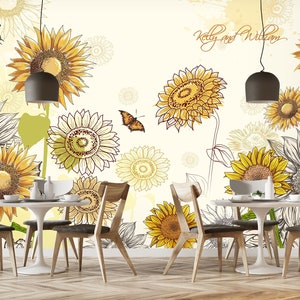 3D Handgetekende Zonnebloemen R1166 Verwijderbaar Behang Zelfklevend Behang Extra Grote Peel &Stick Wallpaper Wallpaper Mural AJ WALLPAPERS