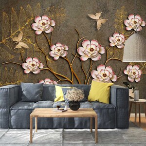 3D Flor Folhas Douradas L3084 Papel de Parede Removível Papel de Parede Autoadesivo Extra Grande Peel & Stick Papel de Parede Mural AJ PAPÉIS DE PAREDE