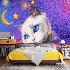 3D Tier Nacht Katze L2411 Ablösbare Tapete selbstklebende Tapete Extra große Peel & Stick Wallpaper Tapete Wandbild AJ HINTERGRUNDBILDER