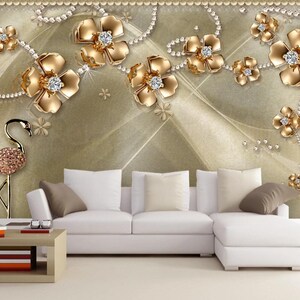 3D gouden bloemen N133 verwisselbare wallpaper zelf klevende wallpaper extra grote Peel & stick Wallpaper Wallpaper muurschildering AJ WALLPAPERS