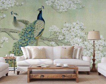 3D Peacock With Flowers L233 Removable Wallpaper Self Adhesive Wallpaper Extra Large Peel & Stick Wallpaper Wallpaper Mural AJ WALLPAPERS