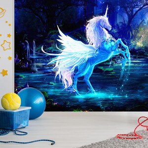 3D Fantasia Unicórnio Azul L719 Papel de Parede Removível Papel de Parede Autoadesivo Extra Grande Peel & Stick Papel de Parede Mural AJ PAPÉIS DE PAREDE