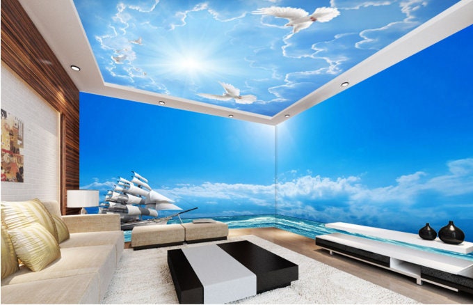3D Blue Sky CA074 Ceiling Wallpaper Removable Self Adhesive Wallpaper Large Peel & Stick Wallpaper Wallpaper Mural AJ WALLPAPERS
