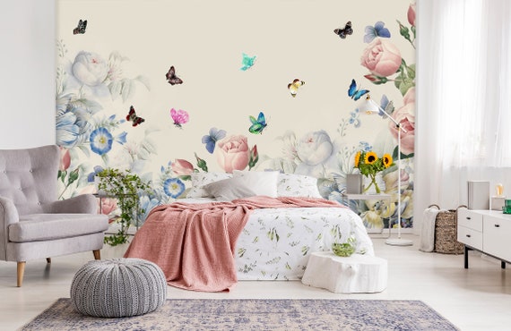 3D Butterfly With Flowers L74 Removable Wallpaper Self | Etsy