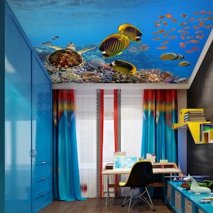 3D Tortue et Poisson CA2417 Papier peint de plafond Amovible Papier peint auto-adhésif Grand peel & Stick Papier peint Papier peint Mural AJ WALLPAPERS