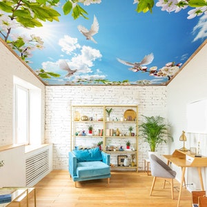 3D Friendly Pigeons CA239 Ceiling Wallpaper Removable Self Adhesive Wallpaper Large Peel & Stick Wallpaper Wallpaper Mural AJ WALLPAPERS