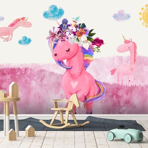 3D Cartoon Blume Einhorn L05 abnehmbare Tapete selbstklebende Tapete Extra große Peel & Stick Wallpaper Wallpaper Wandbild AJ WALLPAPERS