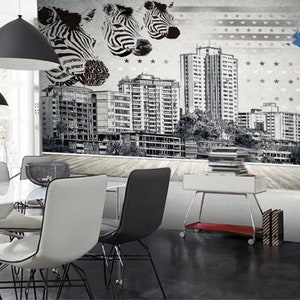 3D Zebra en gebouwen N144 verwisselbare wallpaper zelf klevende wallpaper extra grote Peel & stick Wallpaper Wallpaper muurschildering AJ WALLPAPERS